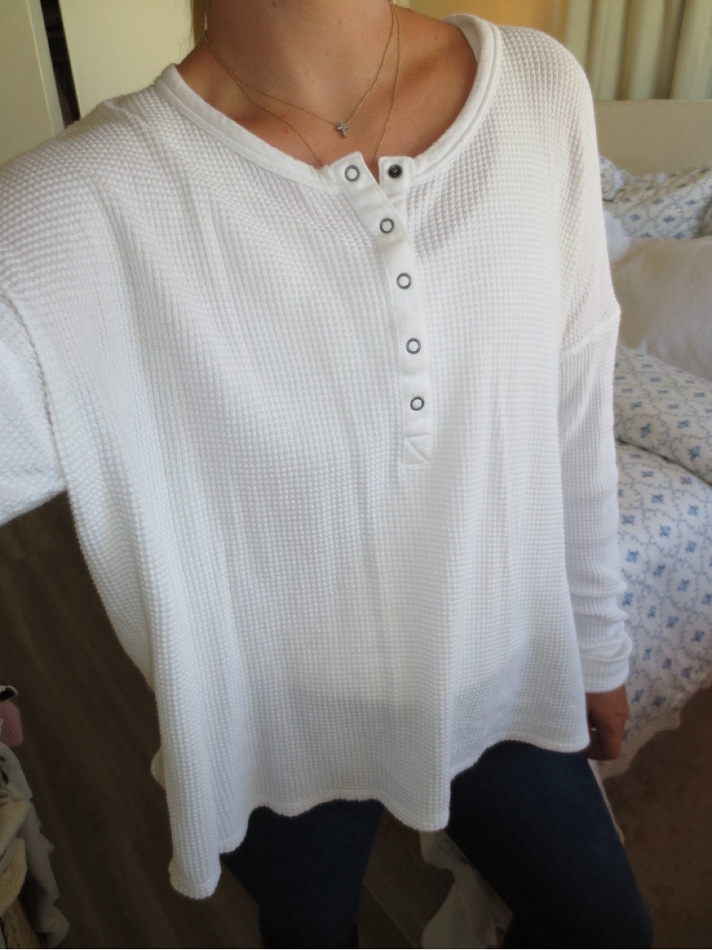 aerie White Waffle Henley Long Sleeve Shirt